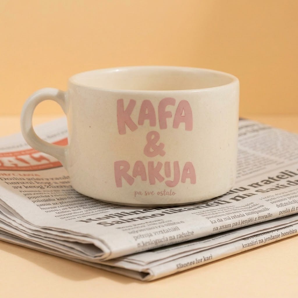 Bela šoljica sa natpisom Kafa i Rakija pa sve ostalo